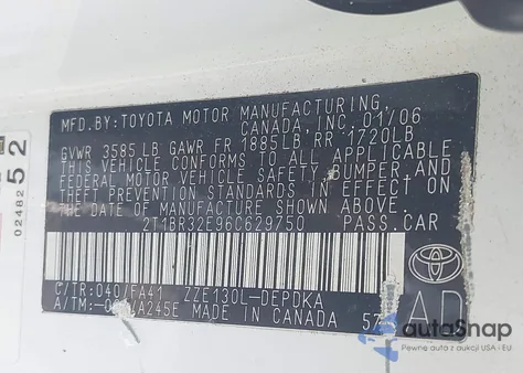 2006 Toyota Corolla Ce from USA, damaged, VIN 2T1BR32E96C629750